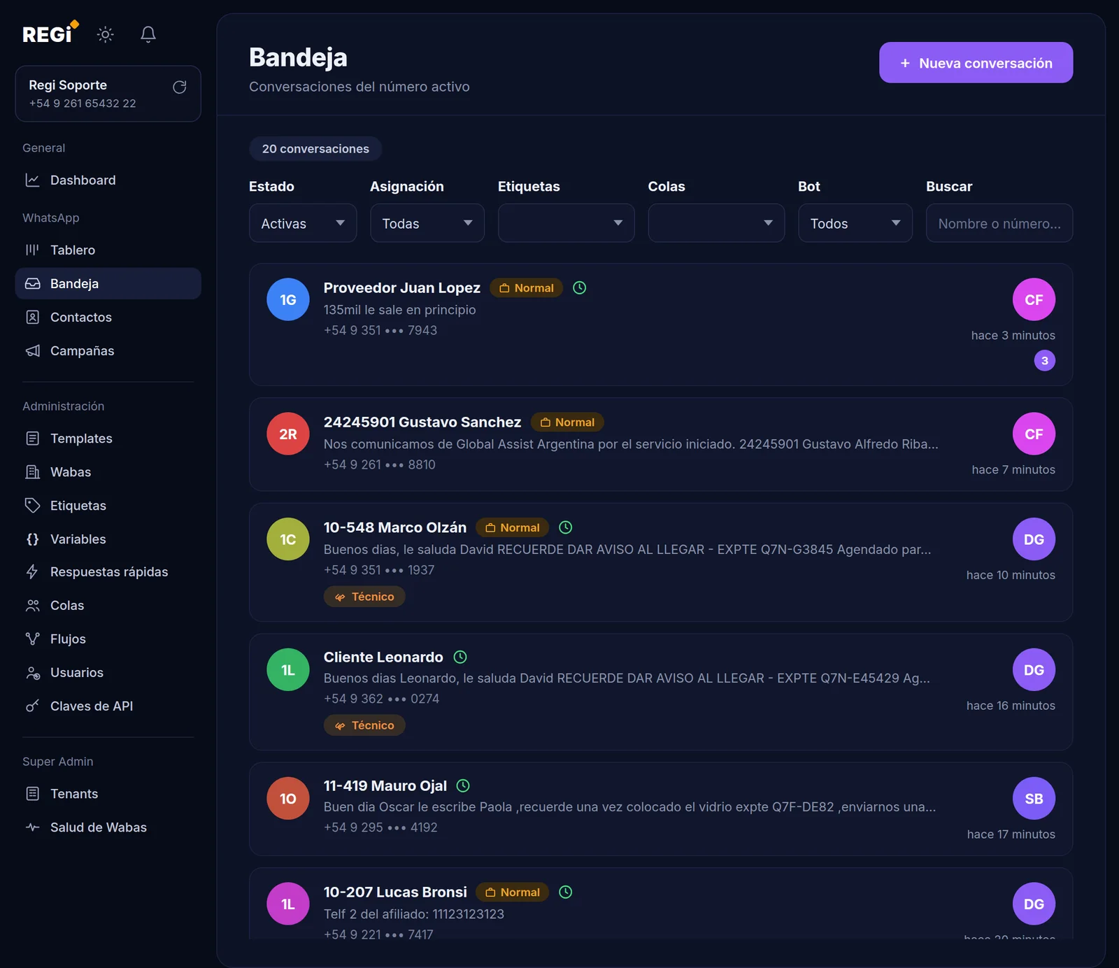 Bandeja de Regi: conversaciones de WhatsApp en tiempo real con filtros por estado, asignación, etiquetas, colas y bot